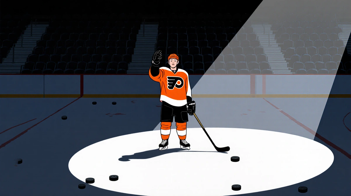 Trevor Zegras celebrates power-play goal with stick raised and spotlight shining down on empty rink