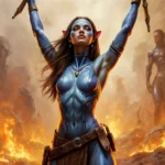 Zoe Saldaña stands triumphantly with flames and smoke behind her in golden light