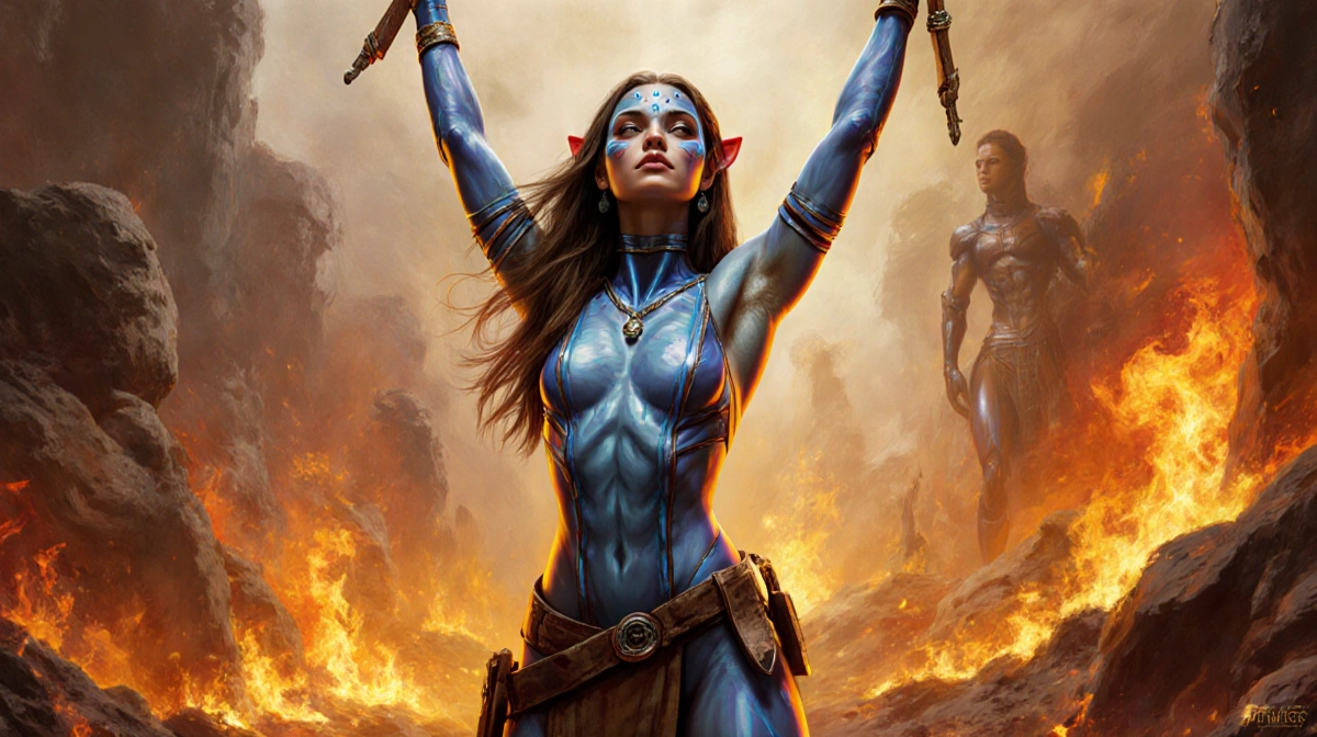 Zoe Saldaña stands triumphantly with flames and smoke behind her in golden light