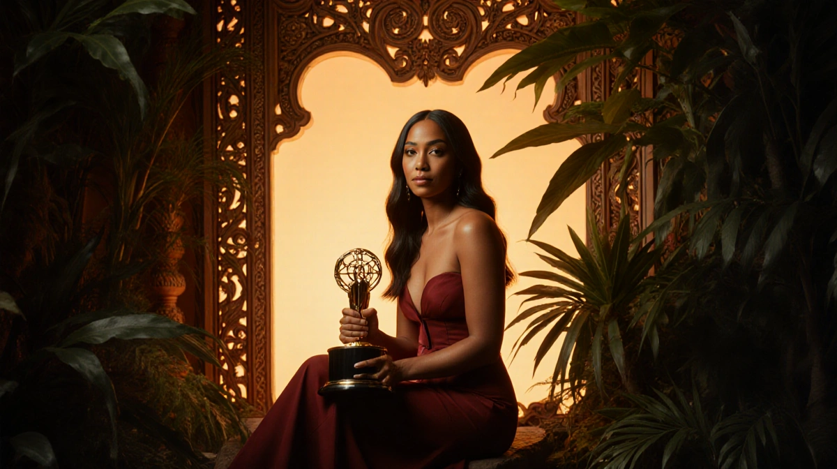 Zoe Saldana holds Golden Globe award with tropical foliage behind her and ornate carved details framing the scene