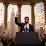 Zohran Mamdani raising his hand with confetti and cheering crowd while the New York skyline glows behind