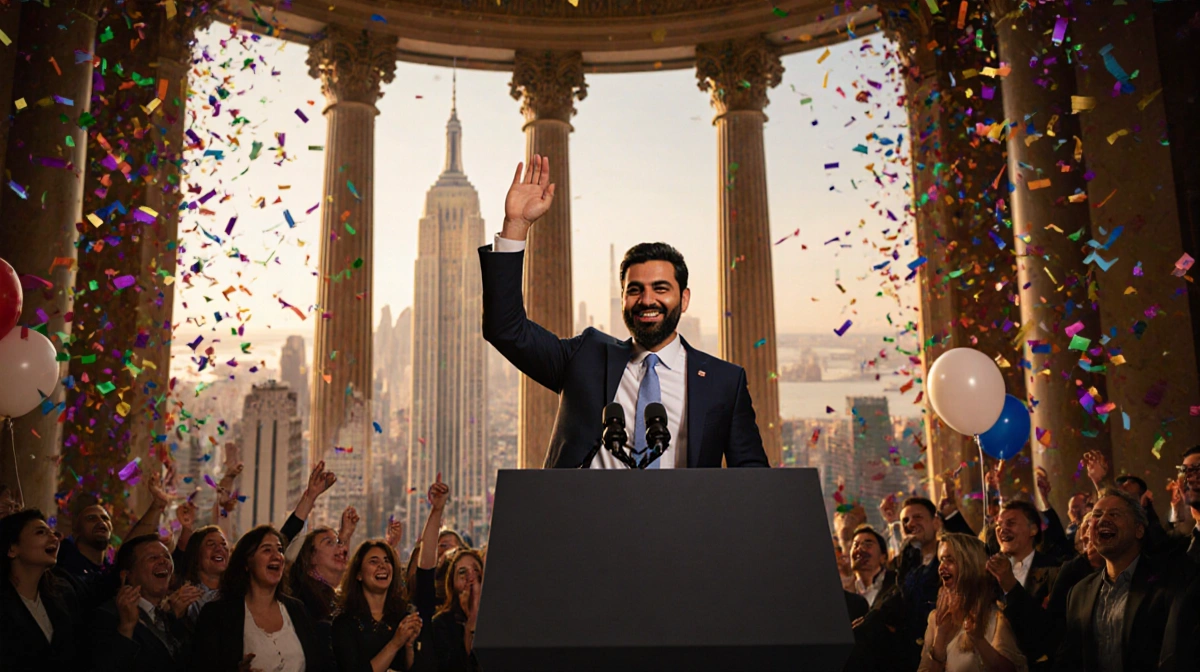 Zohran Mamdani raising his hand with confetti and cheering crowd while the New York skyline glows behind