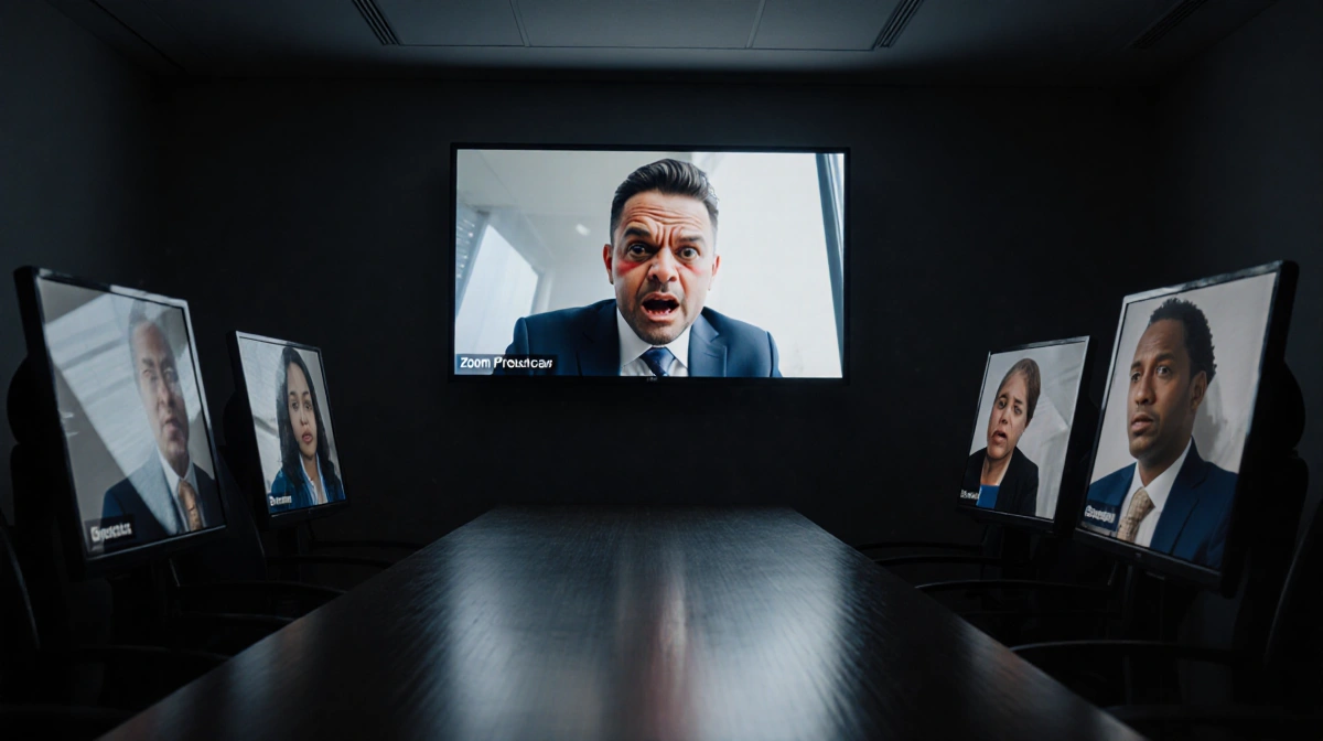 A distorted face interrupts a Zoom meeting with shocked board members visible on screen and darkness filling the empty room