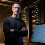 Mark Zuckerberg stands confidently in server farm with glowing hardware and network diagram on console screen