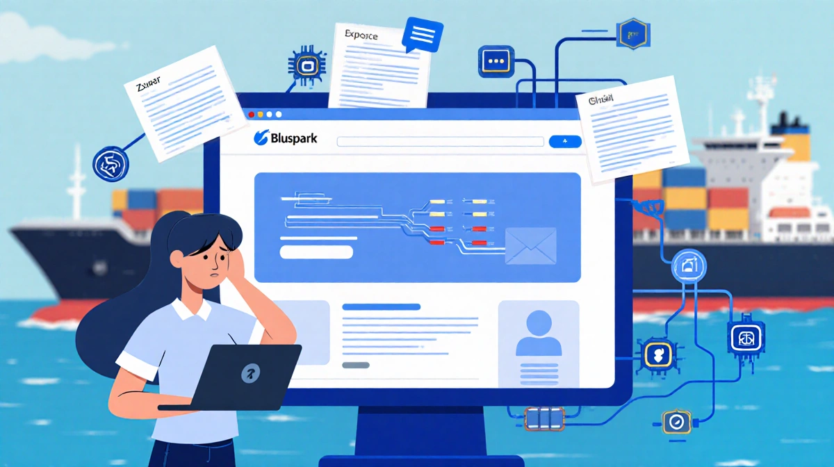 Zveare stands frustrated before computer screen showing exposed shipping data with laptop and scattered emails from Bluspark